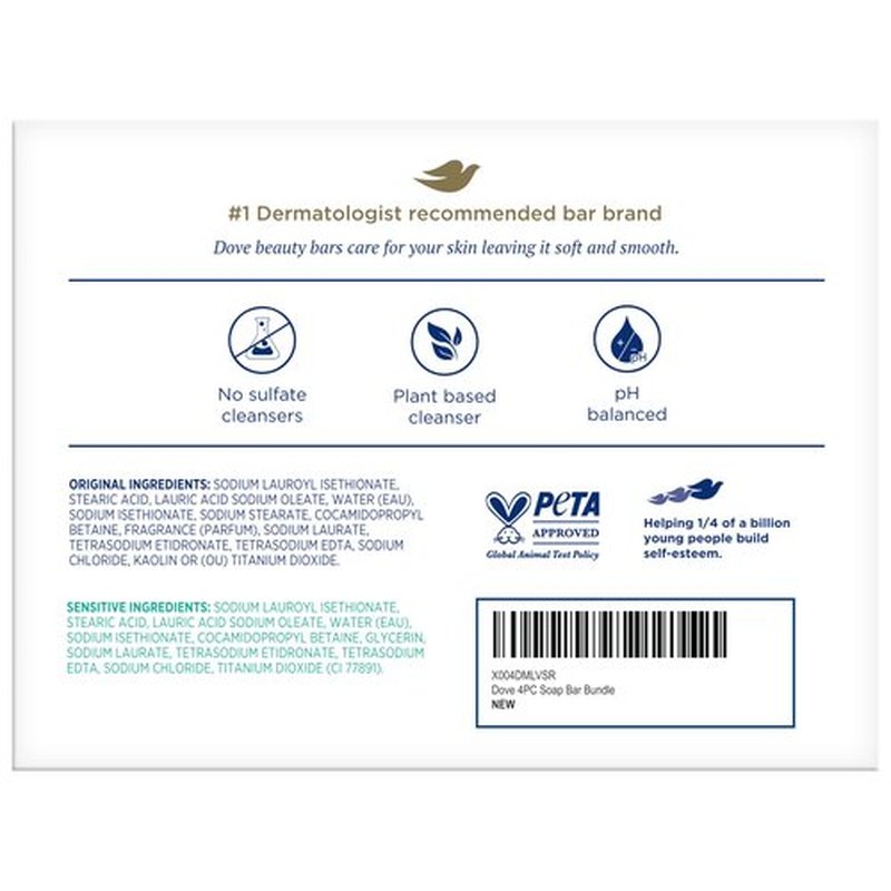 Dove Beauty Bar Soap Variety 4-Pack – Sensitive Skin, Fragrance-Free + Original, with Moisturizing Cream, 2.6 Oz Ea