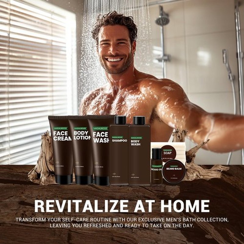 Rinse & Robust Gifts for Men, Gift baskets for Men, Sandalwood Holiday Bath & Body Grooming Mens Gift Sets, Birthday Gift Ideas for Dad Boyfriend Husband Valentines, Holiday Grooming Gift Sets