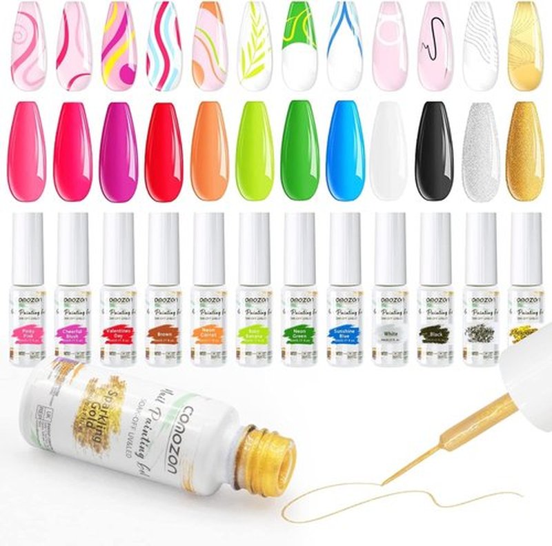 Gel Polish Gel Liner Nail Polish Set-12 Colors Gel Nail Art Polish for Swirl French Nails, Built-in Thin Brush in Bottle for Nail Art Painting Drawing Nail Designs Polish, Gift Set for Women Girls
