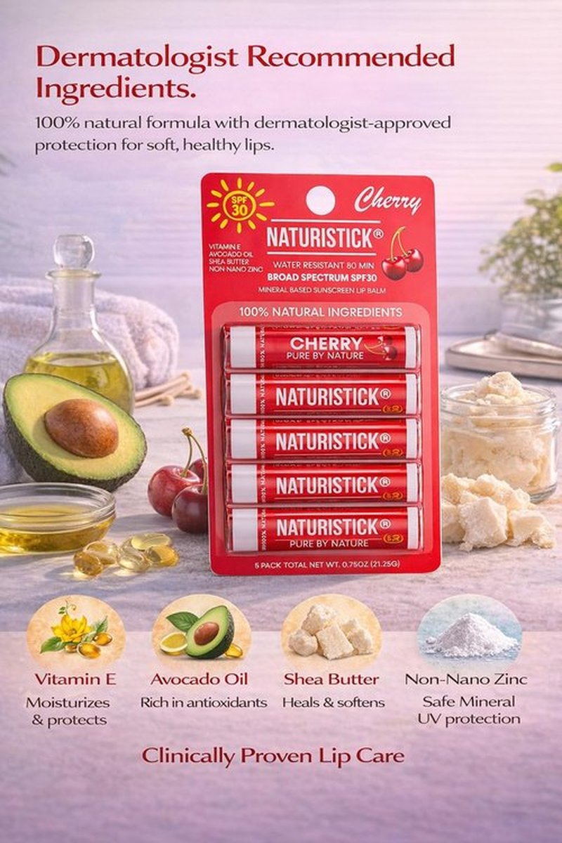 Naturistick UV Pro® Mineral SPF 30 Lip Balm – Cherry (5-Pack), Broad Spectrum Sun Protection