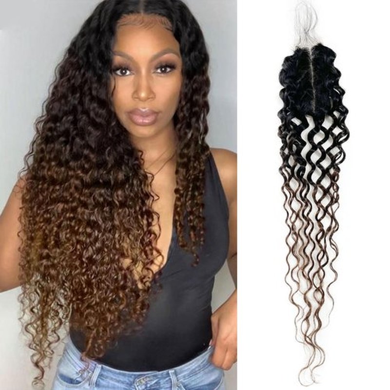 T1B/2/30 Ombre Water Wave HD Closure 12A 2x6 Transparent Color Swiss Lace Closure Brazilian Wet and Wavy Closure Unprocessed Virgin Human Hair Dark Roots 3 Tone 1B/2/30 Wavy Human Hair 18 Inch
