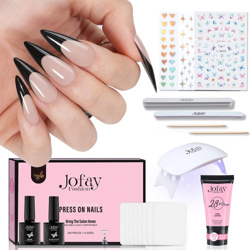 French Gel Nail Tips Kit, Jofay Fashion 240Pcs Stiletto French Tip Press on Nails Long, Natural Fake Nails Pre-Base Coat & Black French Tips with 30g Solid Nail Glue Gel for x Coat Press on Nails