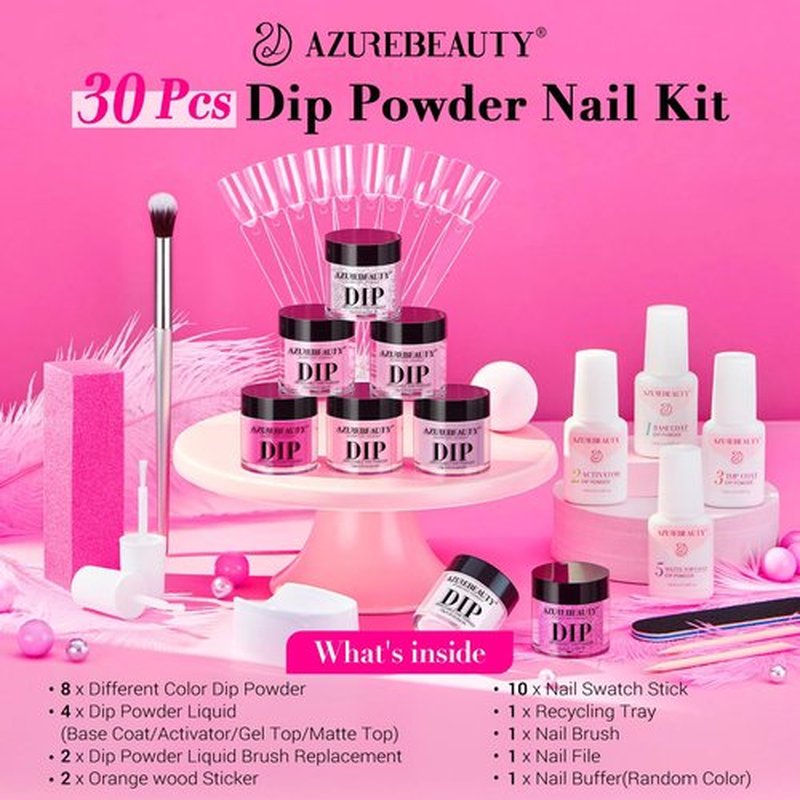 AZUREBEAUTY Dip Powder Nail Starter Kit with Matte Coat, 8 Hot Pink Glitter Neon Summer Color, Dipping Powder Liquid Set with Base/Top Coat/ Activator/10 Nail Sticks Salon at Home Valentine's Day Gift