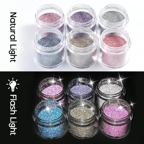 Furtherpretty Reflective Glitter for Nails, 6 Colors Sparkle Nail Powder Diamond Dust Glitter Silver Pink Purple Blue Sugar Dip Powder Shimmer Nail Pigment Set with Brush Nail Salon Supplies