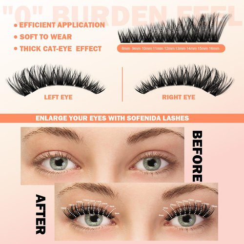 SOFENIDA Lash Clusters 80D Cluster Eyelash Extensions 8-16mm Cat Eye Wispy Eyelash Clusters 12 Pairs D Curvature Eyelash Clusters Left & Right Diy Lash Extension at Home