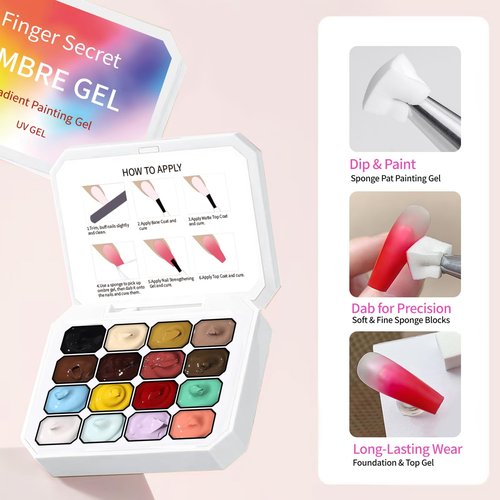 Finger Secret 16 Colors Ombre Gel Nail Polish Set,Ombre Color Palette Pat Painting Gradient Blooming Gel Polish with 100Pcs Nail Sponges for Gradient Gels Nail Art Patting in Salon or Home Use