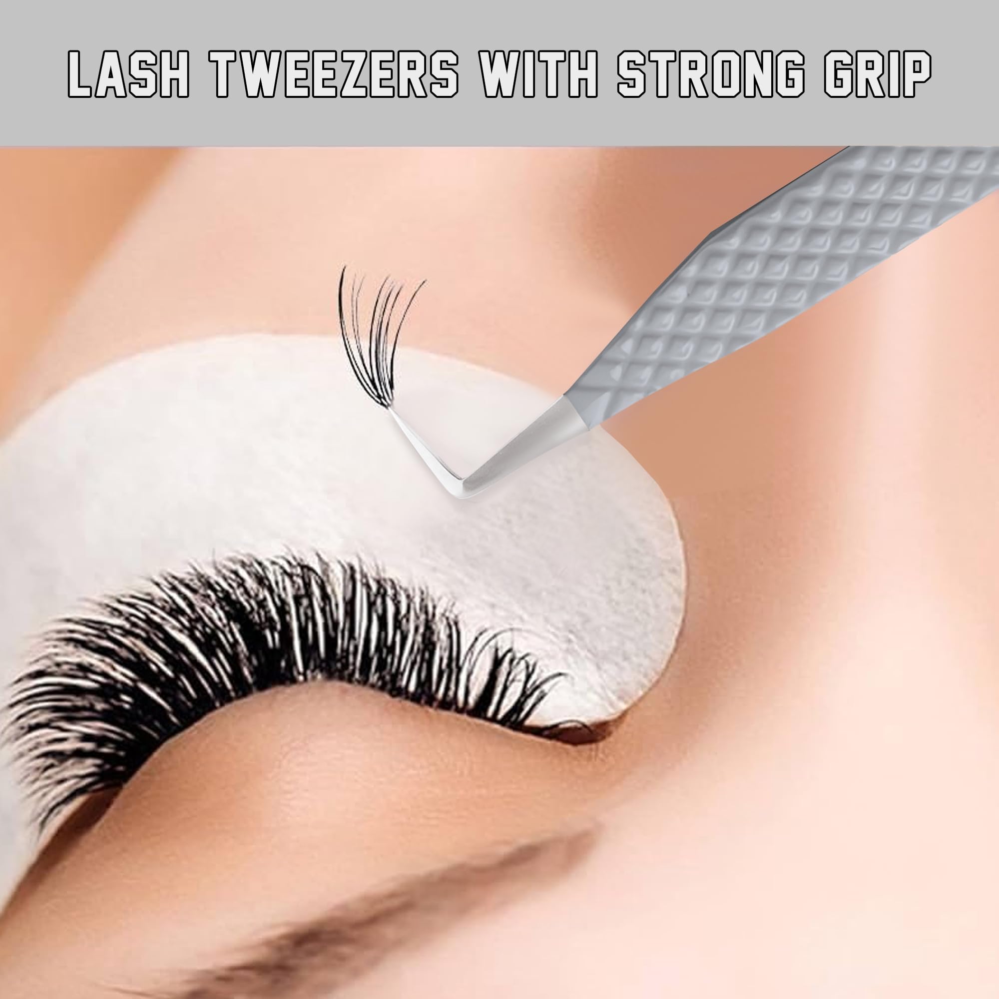 MK Queens Lash Tweezers - Stainless Steel Fiber Tip Eyelash Tweezers (Set of 4) - Diamond Grip Professional Lash Tweezers for Eyelash Extensions (Grey)