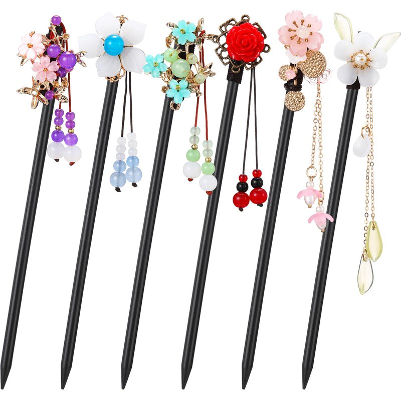 WILLBOND 6 Pcs Chinese Hair Sticks Japanese Vintage Wooden Chopsticks Accessories for Women Asian Floral Stick Classic Retro Tassel Flower Pins Handmade for Long Hanfu Hair(Classic Style)