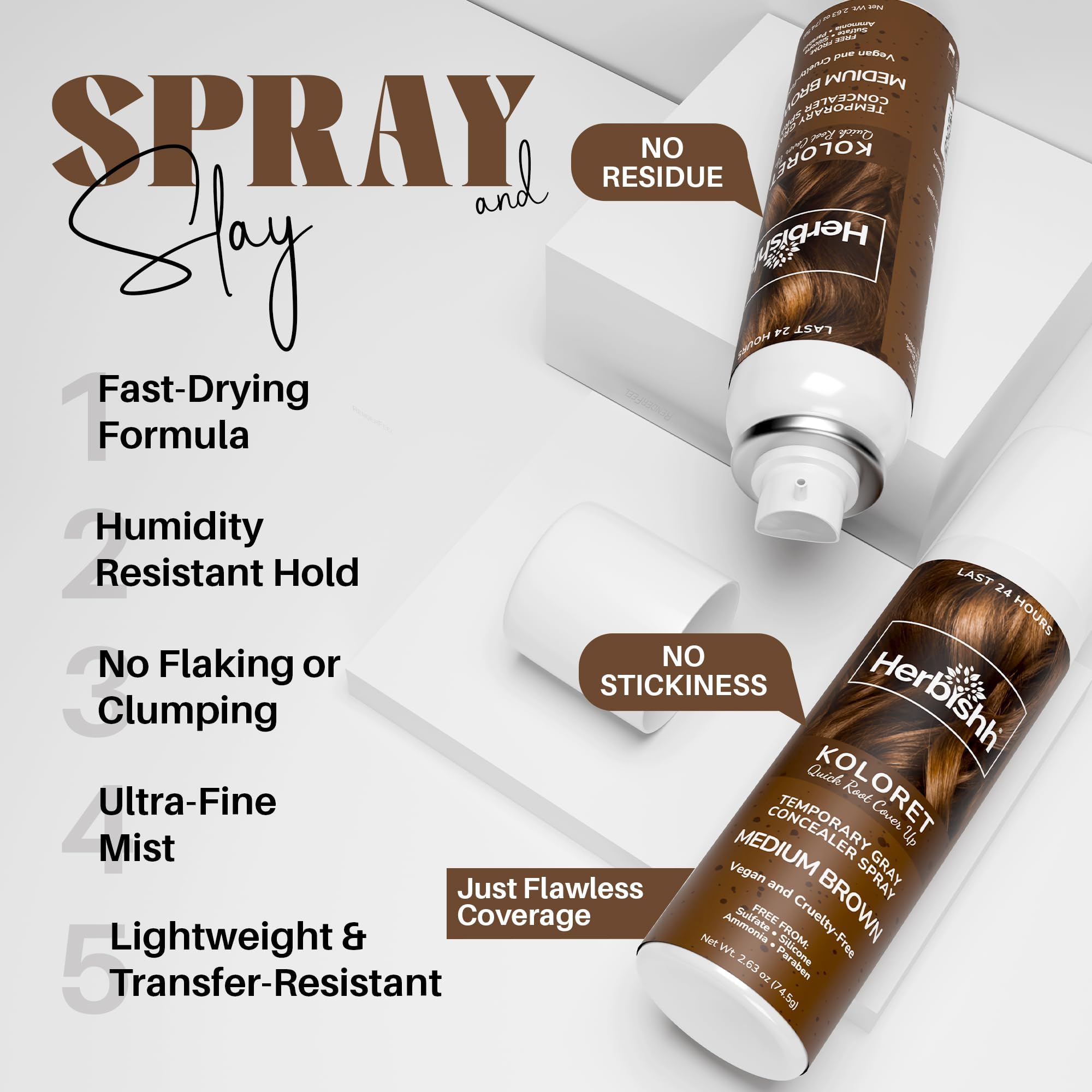 Herbishh Koloret Quick Root Touch Up Hair Color Spray Medium Brown (74.5g), Instant Gray & Medium Brown Root Cover Up, Temporary Hair Color Spray, Lightweight Non-Sticky Dye Mist, Travel Aerosol