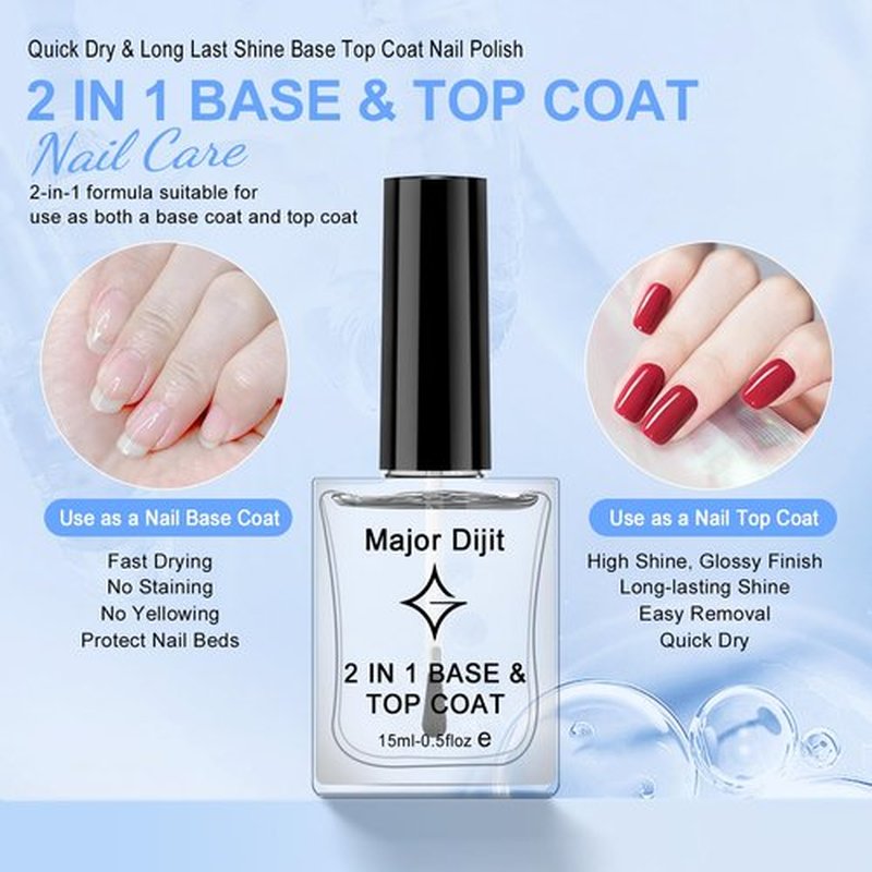 Major Dijit Clear Base & Top Coat 2-in-1 Nail Polish - Quick Dry, Long-Lasting High Gloss Formula | 0.5 Fl Oz