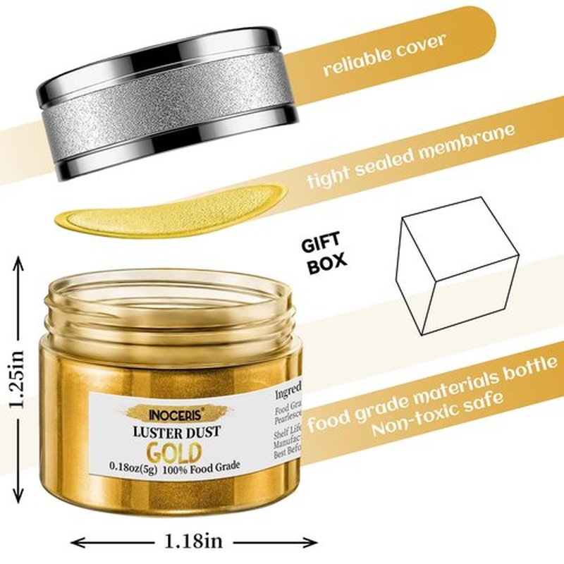 INOCERIS Edible Luster Dust - 5g Food Grade Metallic Gold Cake Decorating Powder | Shimmering Finish for Baking & Candy