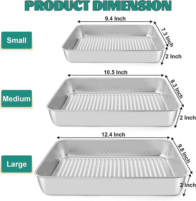 E-far Stainless Steel Baking Pans Set of 3 - Non-Toxic Rectangle Sheet Cake Trays | 12.5/10.5/9.4 Inch