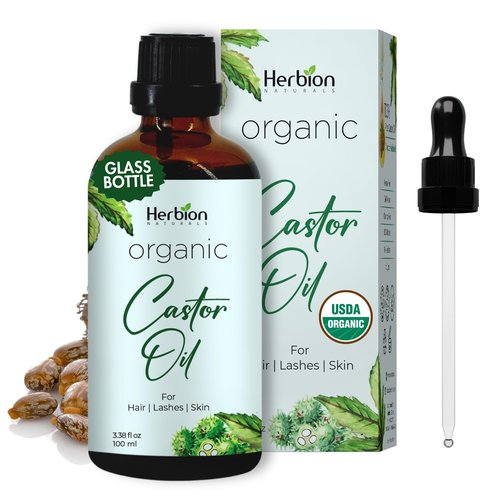 HERBION Naturals Organic Castor Oil USDA Certified, 100% Pure, Cold Pressed, Hexane-Free. Moisturizer & Hair Treatment. Glass Bottle w/Dropper, 3.38 Fl Oz