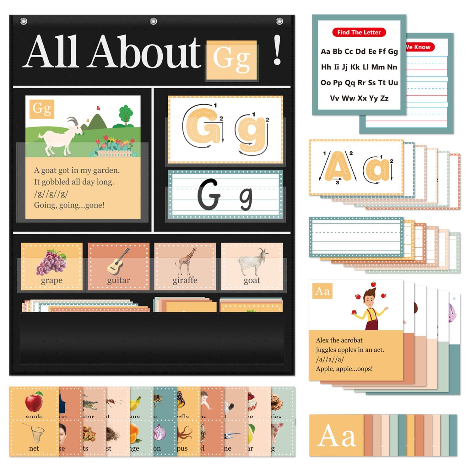 BOHEMIABY All About Letters Pocket Chart with ABC Flash Cards, 34" X 27", Letter of The Day/Week Daypocket Chart, Letter Tracing Learning Educational Wall Chart Preschool Classroom Homes, Black