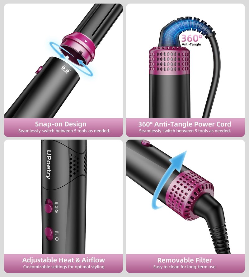 UPoetry 5 in 1 Hot Air Styler & Hair Dryer Brush, High-Speed Blow Dryer, 1300W Fast Drying Curling Without Heat Damage, Volumizing Straightening, Auto Wrap Curlers Includes Travel Storage Bag