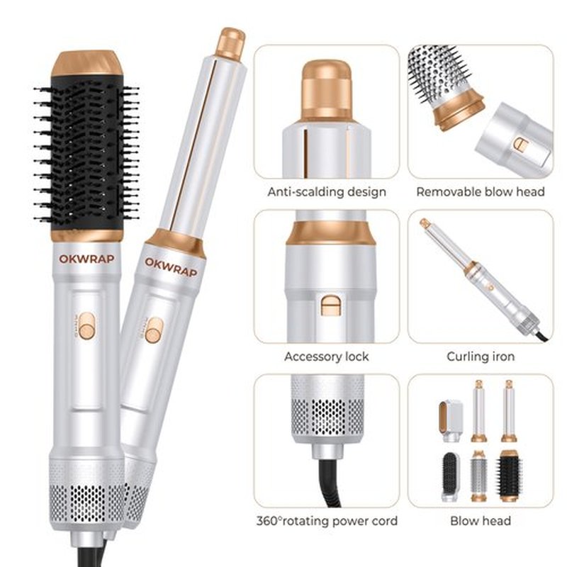 6 in ONE Blow Dryer Brush,Air Curling Iron Round Brush Blow Dryer 800W,Ionic Hair Dryer Brush for Women, Hot Air Brush Hair Styling Tools 100-120V