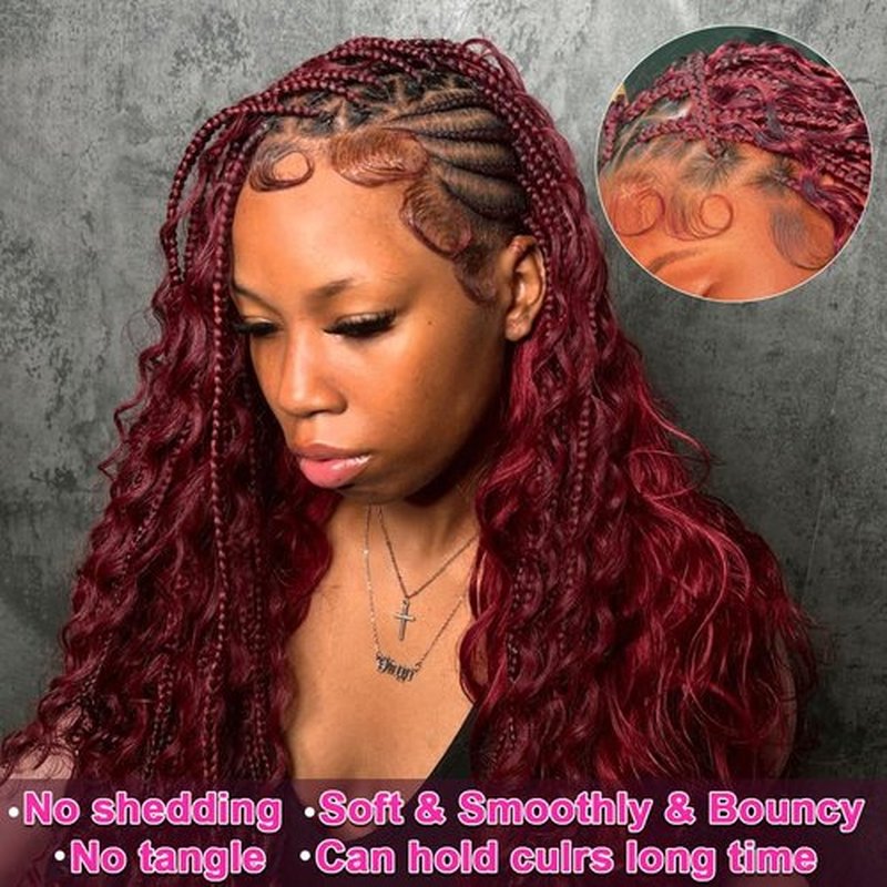 99J Burgundy Human Braiding Hair Deep Wave Boho Braids Human Hair Wet and Wave Bohemian Ginger Curly Knotless Braiding Hair Extension 2 Bundles 105g