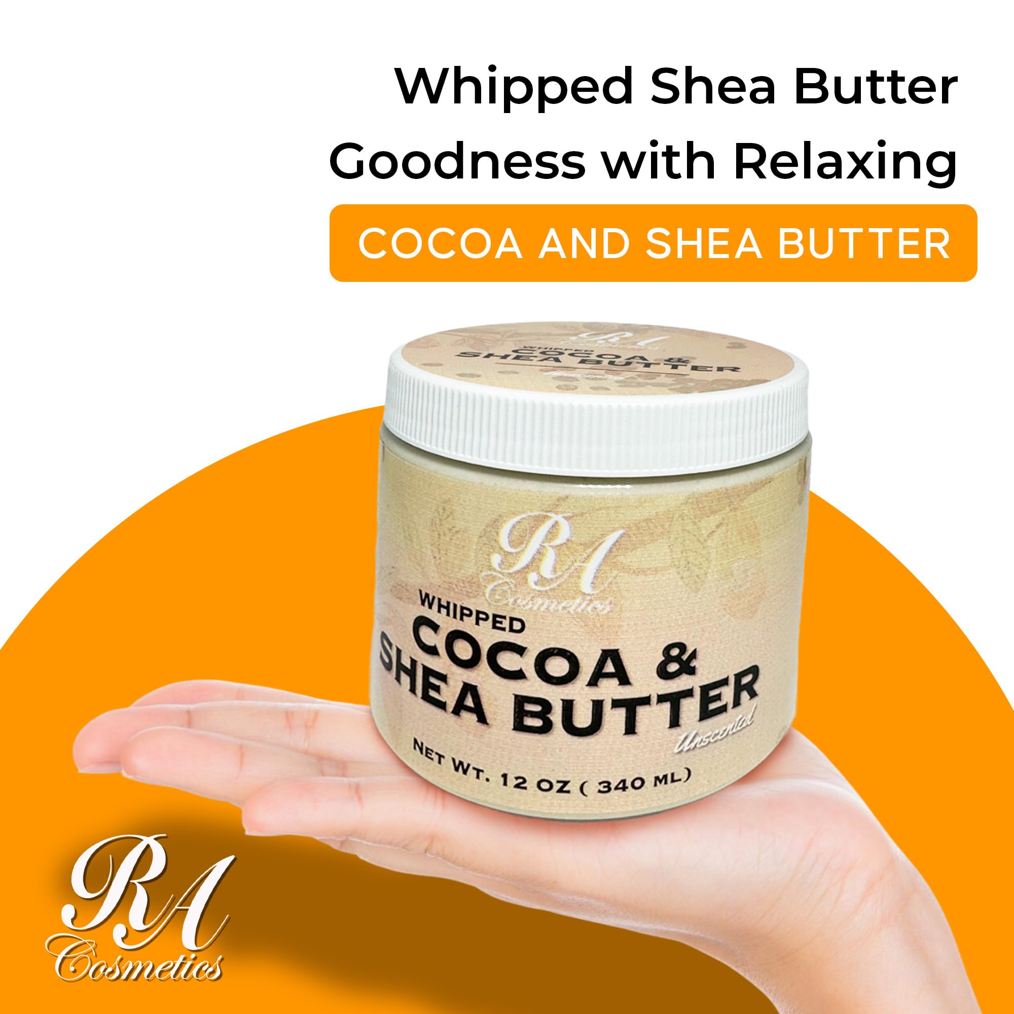 RA COSMETICS Whipped Cocoa & Shea Butter, Unscented - 12oz | 100% Pure & Natural Skin Moisturizer with Coconut Oil | Vitamin-Rich Body Butter for Soft, Supple, and Radiant Skin & Healthy Hairs