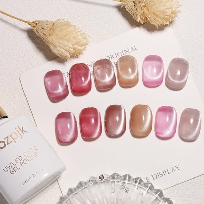 Fcozpjk Cat Eye Gel Nail Polish Set with Magnet Stick, 6 Colors Sheer Jelly Red Nude Pink Brown Gold Glassy Cateye Effect Magnetic Gel Polish Translucent Gels Manicure Salon Supplies Women Gift 8ML