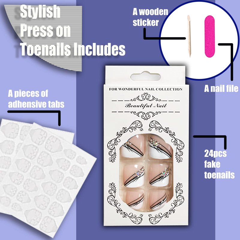 YOSOMK Press on Toenails Square Toe Nails Tips Glitter Silver Full Cover Glue on Toe Nails Nude Black and White Line Toe Nails Fake Nails Glossy Acrylic Summer False Toe Static Nails for Women 24Pcs