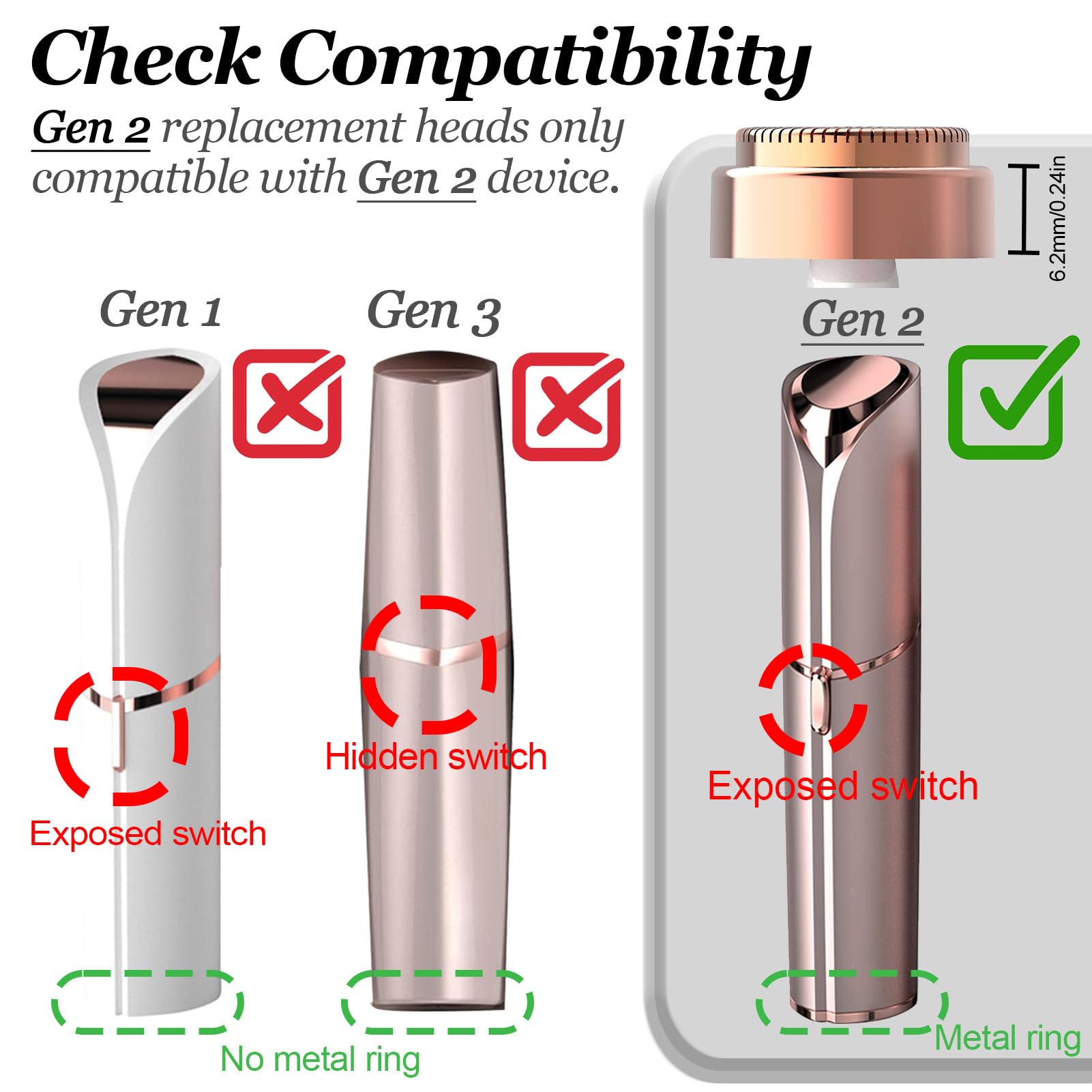 FRASAM 4-Pack Facial Rose Gold Gen 2 Replacement Heads for Flawless Hair Remover Generation 2, 18K Gold Double Blades