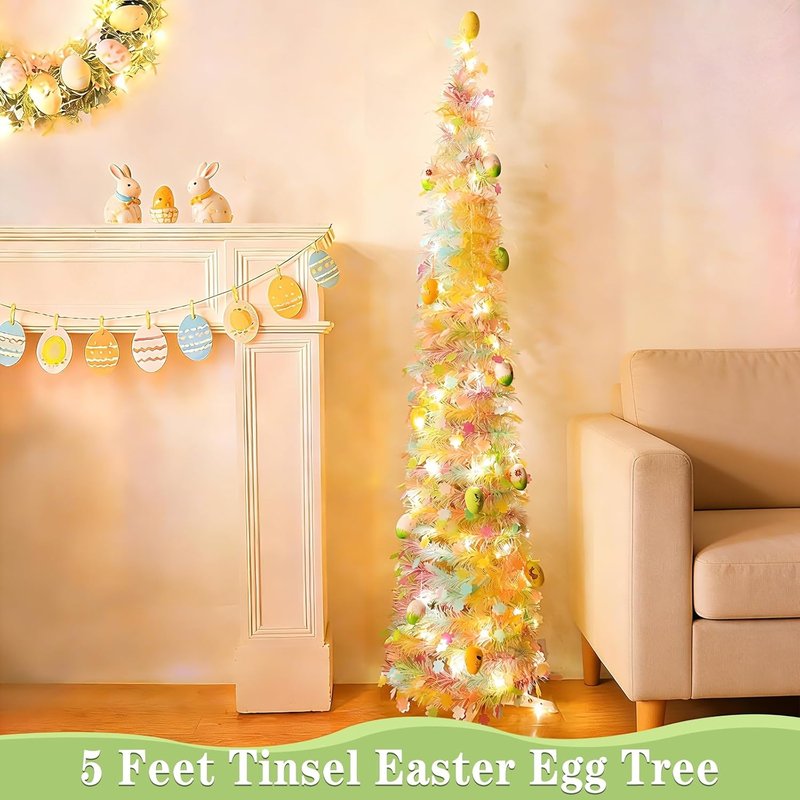 **Skiennix 5Ft Lighted Easter Tree - 50 LED Warm White Lights & Colorful Egg Ornaments | Battery Operated**