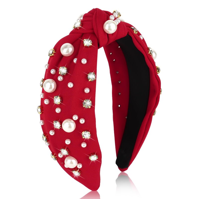 Uintoon Red Headband for Women Pearl Knotted Headband Sparkly Rhinestone Pearls Top Knotted Headbands Womens Fashion Hair Accessories Cute Hair Bands