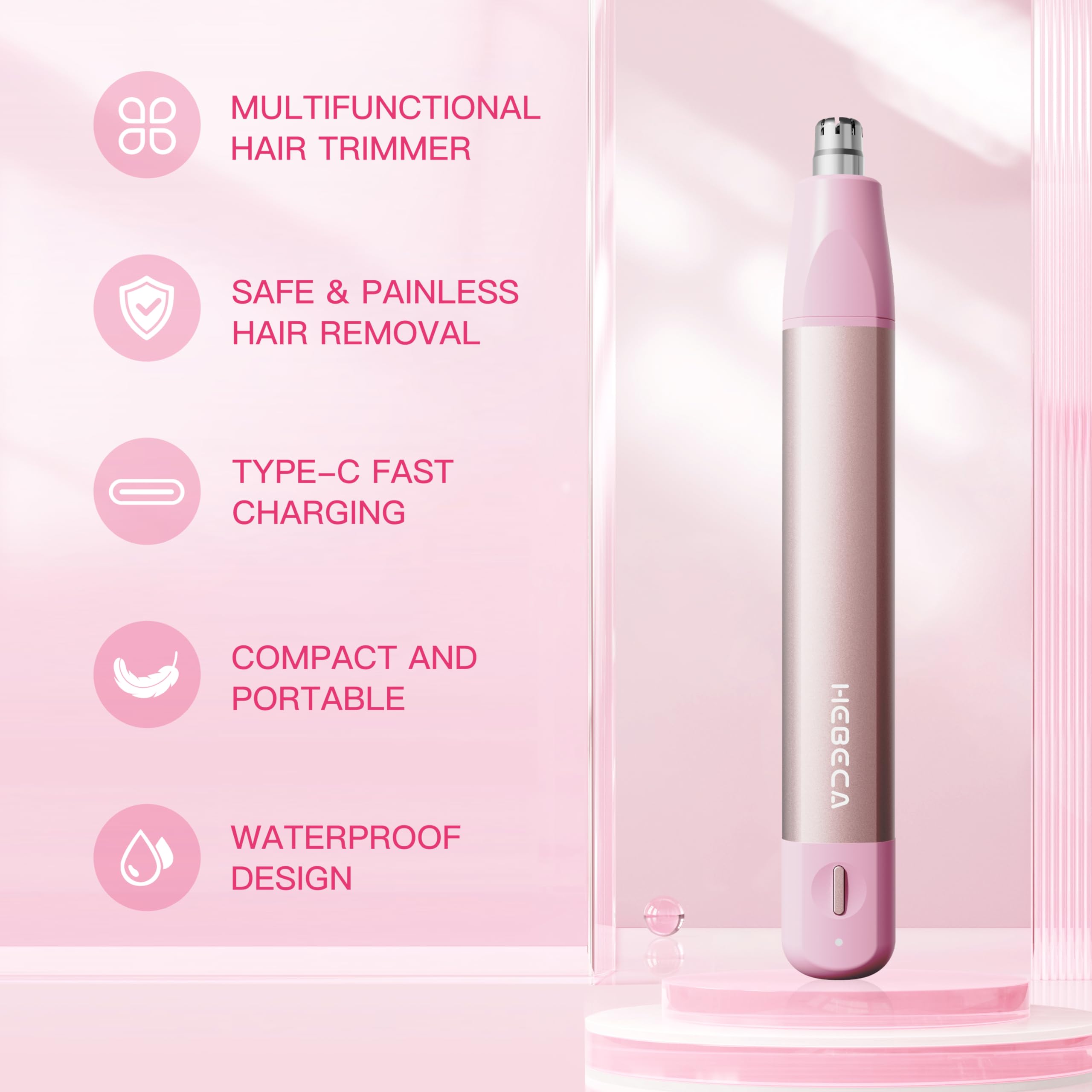 HEBECA Nose Hair Trimmer for Women 3in1 Facial Hair Removal Trimmer - Metal Body, Rechargeable, Waterproof, Portable - Nose, Ear, Eyebrow, Peach-Fuzz, Lips, Chin (Pink)