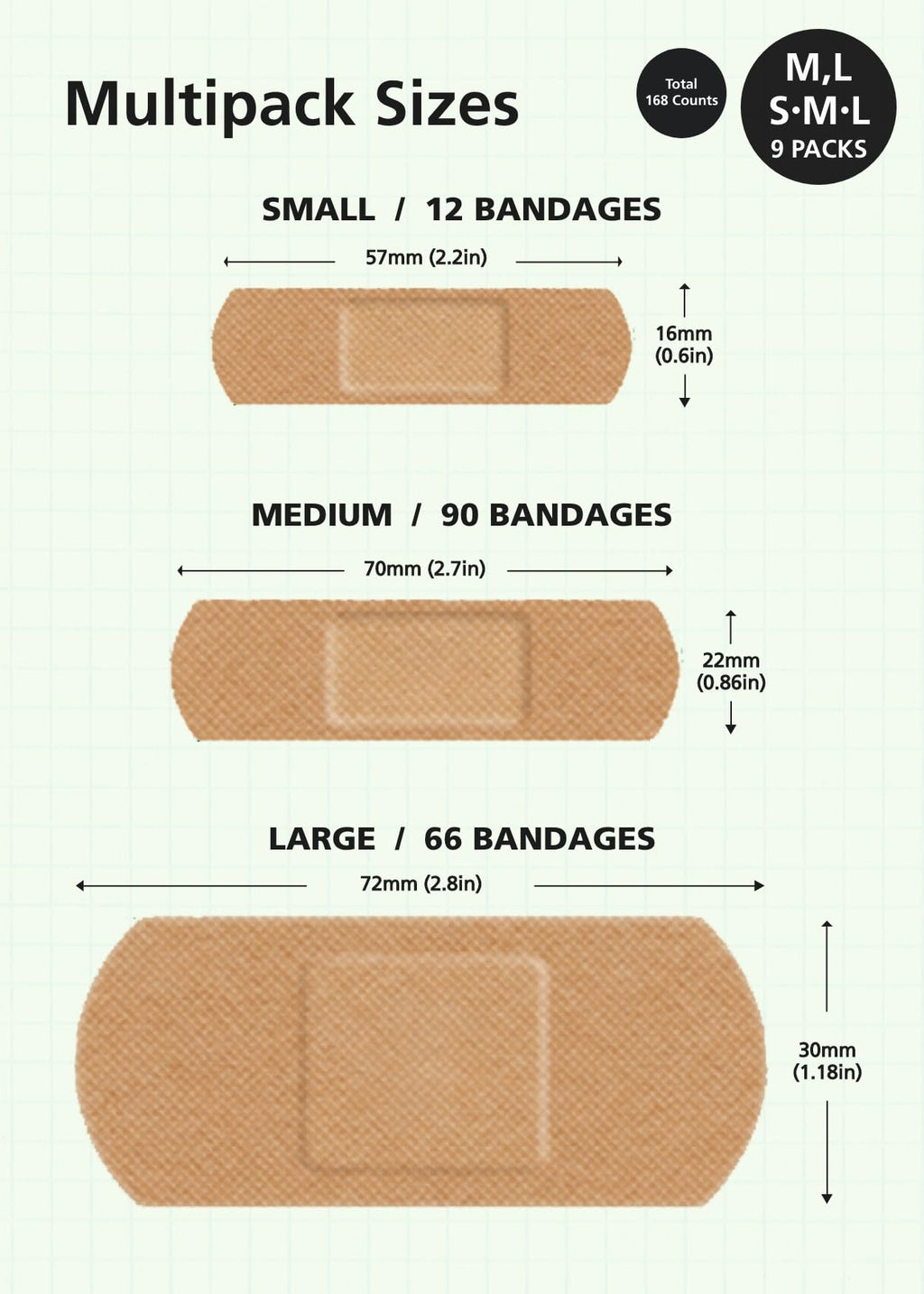 Easyderm Soft Stretch Bandage Multipacks 9 Packs (3 Packs of Each Size) 168 Counts | Waterproof, 4X Flexible, and Skin-Like Adhesive Bandages for First Aid, for Sensitive Skin Stocking Stuffer