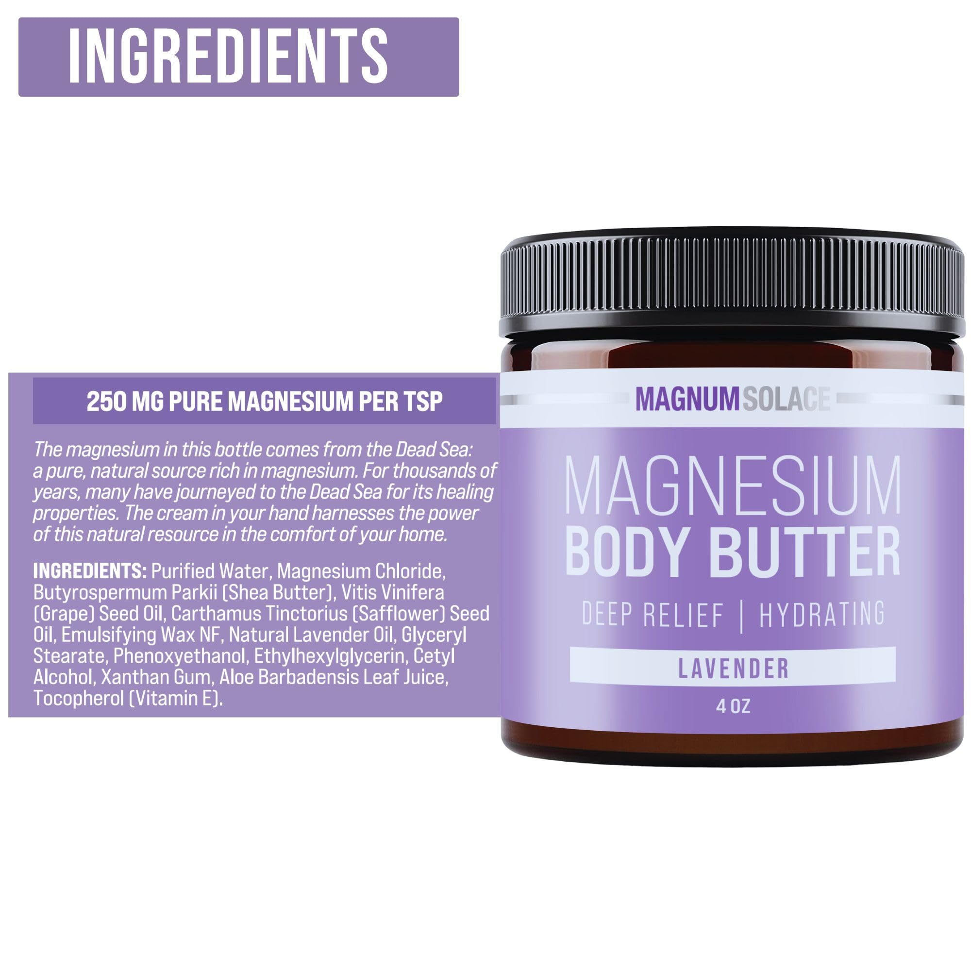 Magnum Solace Magnesium Body Butter - Nighttime Magnesium Cream - Lightly Scented (Lavender)