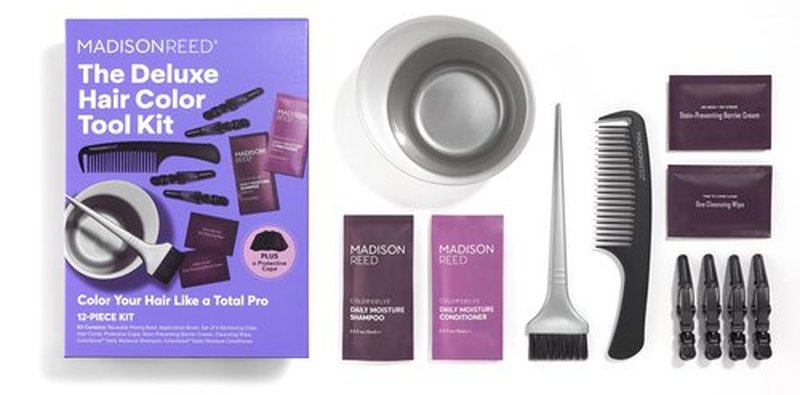 Madison Reed Deluxe Pro Color Tool Kit for DIY Hair Color – 12-piece set with mixing bowl, brush, 4 clips, comb, cleansing wipe, barrier cream, cape, shampoo & conditioner.