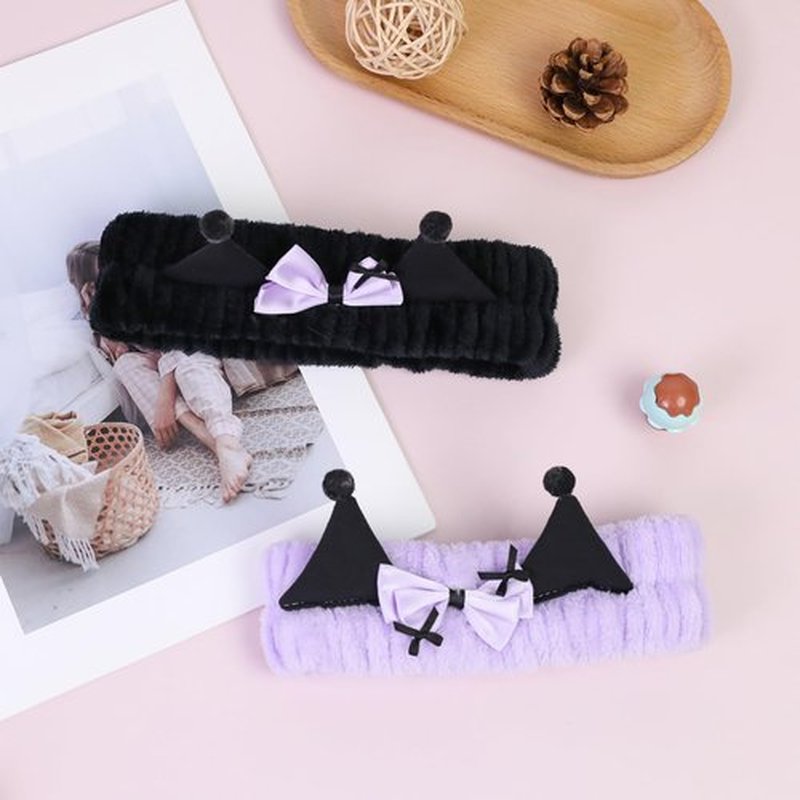 FlyingMage Spa Headband for Washing Face, 2 Pack Cute Hair Band for Shower Yoga Beauty, Fluffy Makeup Headband, Kawaii Facial Headbands for Woman Girls, Purple+Black Ear
