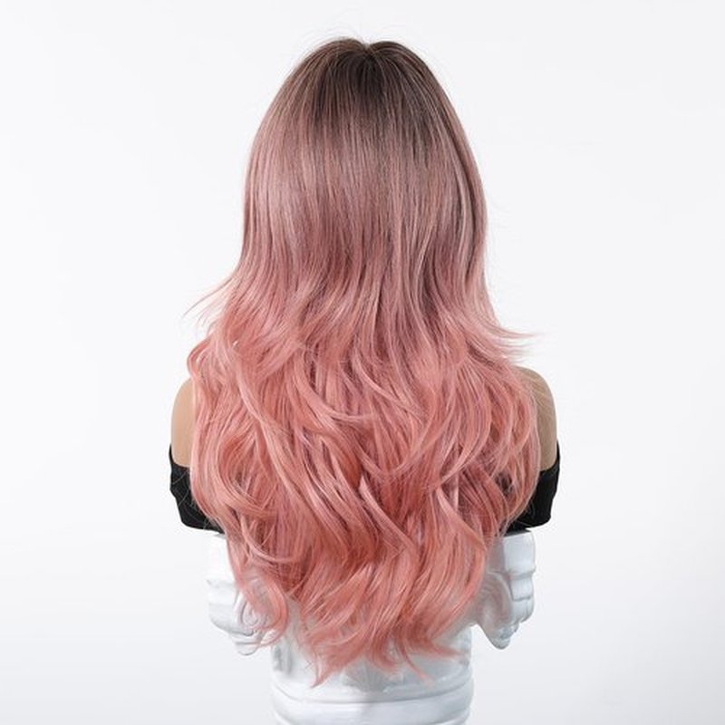 Osicapea Ombre Pink Wigs with Bangs for Women, Natural Wavy Curly Hair Ladies Woman Heat Resistant Synthetic Wig 22 Inch Long Wig for Women's Cosplay Costume Party Daily Use