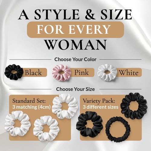 FORBDNSILK 100% Pure 22 Momme Mulberry Silk Scrunchies (Set of 3) | Highest grade (6A) Luxury Hair Ties| (Black,White,Pink) | (Black, Standard/Small/Skinny)