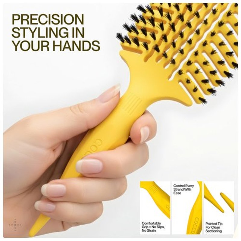 COCCO Aura Vent Boar Brush | Vented Dual-Curved Design for Faster Drying, Effortless Detangling & Shine, Boar + Nylon Bristles, Ergonomic Comfort Handle for Wet & Dry Hair Styling - Yellow