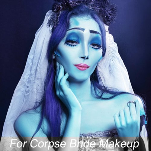 MEICOLY Sally Makeup Kit,Professional Sally Costume Corpse Bride Makeup,Light Blue Face Paint and Setting Powder Halloween Makeup Kit,Sally Face Cosplay,Liquid Eyeliner+False Eyelash+Lipstick+Sponges