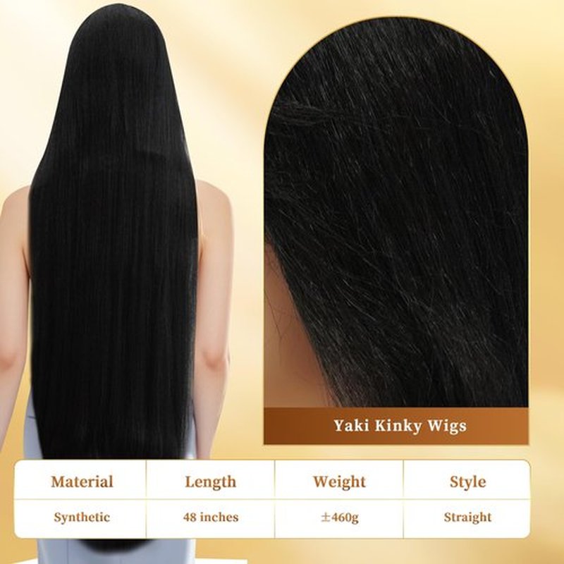 Dream Zimi 48 Inches Surper Long Straight Wig for Women Flat Bangs Soft Yaki Kinky Wigs for Daily Party Halloween Christmas Cosplay Wig Synthetic Hair Black 120CM