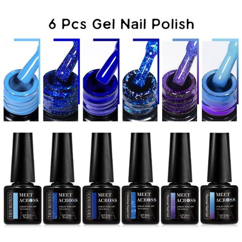 MEET ACROSS Vibrant Blue Glitter Gel Nail Polish Set, Long-Lasting Thermal Gel Polish, Soak Off UV LED Gel Polish for Salon-Quality Nail Art and DIY at Home - Easy to Apply and Remove