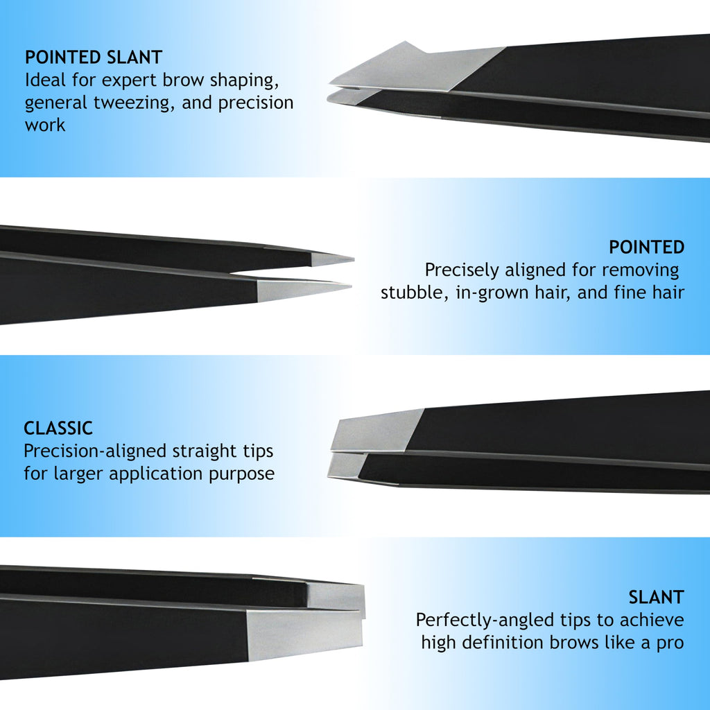 4-Piece Tweezers Set for Eyebrows & Facial Hair, Black Travel Case