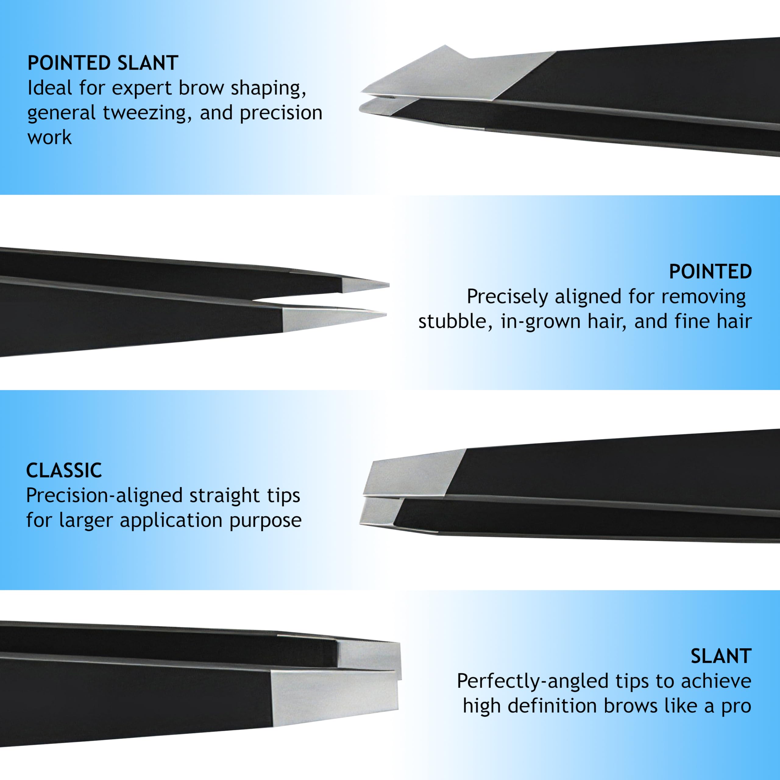 4-Piece Tweezers Set for Eyebrows & Facial Hair, Black Travel Case
