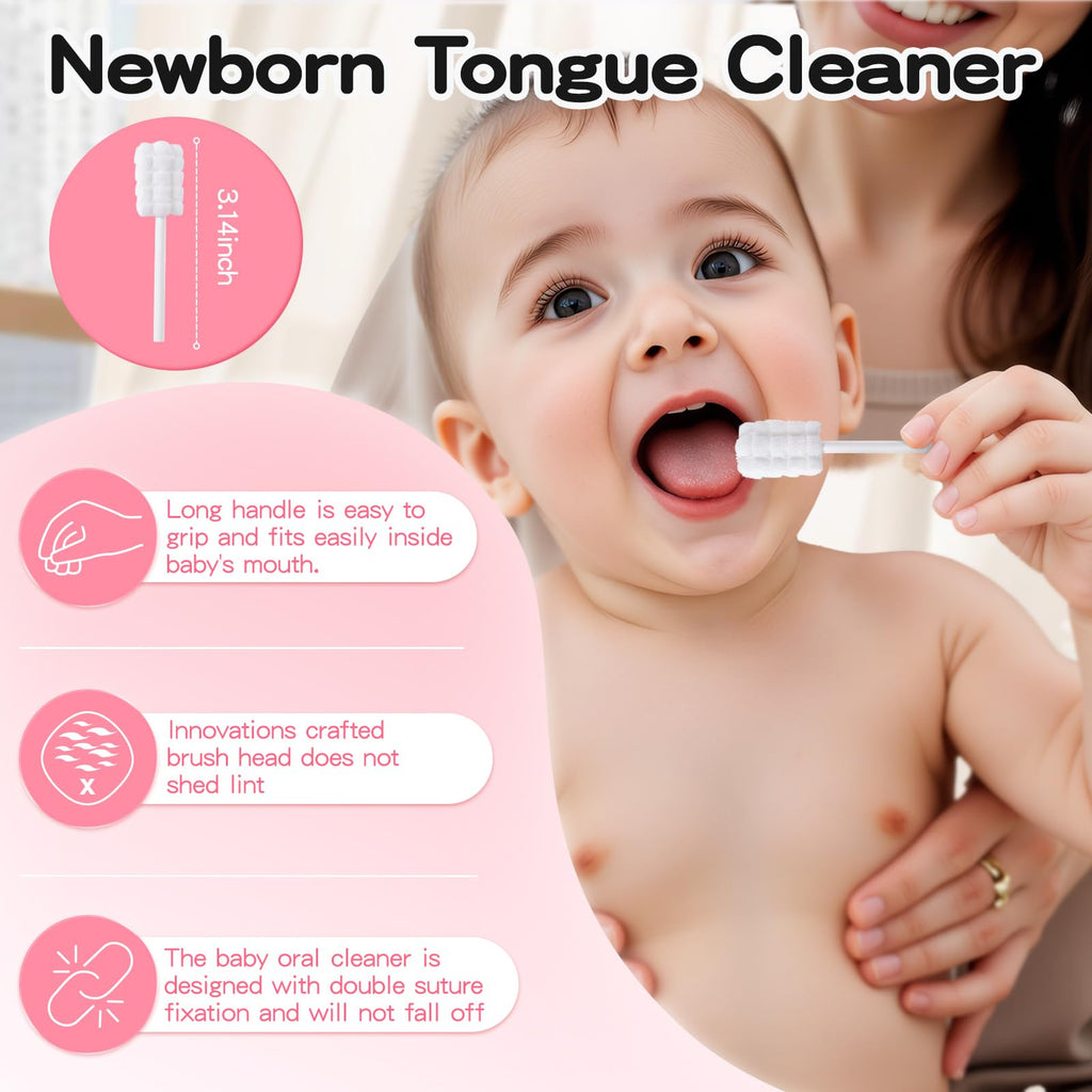 RoseFish 50Pcs Baby Tongue Cleaner for 0-36 Month No Glue Disposable Baby Mouth Oral Cleaner Infant Toothbrush Gum Cleaner 3D Soft Infant Tongue Cleaner+1PCS Finger Toothbrush