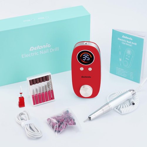 Delanie Rechargeable Nail Drill for Acrylic and Gel Nails 35000 RPM, Efile Nail Drill Professional with 5000mAh Battery, Portable Electric Nails Drill with Coreless Motor for Manicure Pedicure, Red