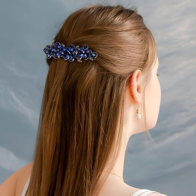 Joez Wonderful Rhinestone Hair Clip Sparkly Crystal Barrettes French Wedding Prom Engagement Pageant First Communion Hair Decorative Accessories for Women Long Hair (Flower Blue, Champagne 2 Pcs)