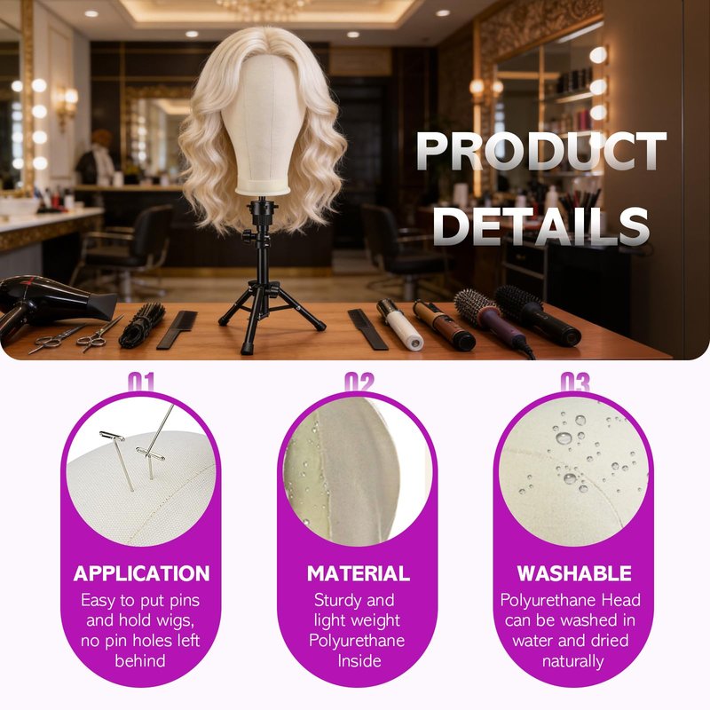 Wig Stand - Wig Stand with Head Canvas Wig Head with Mannequin Head for Wigs, Wig Head Stand Manikin Head Wig Head for Wigs Making Display with Wig caps, T Pins Set, Bristle Brush