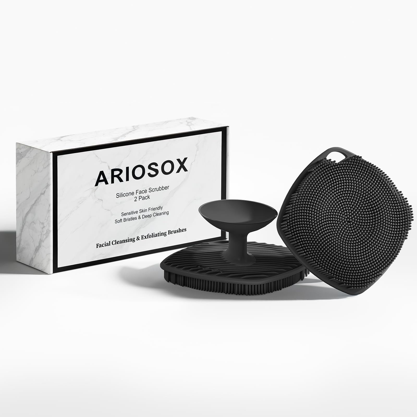 ARIOSOX 2 Pack Face Scrubbers, Silicone Face Scrubber Soft Bristles, Gentle Lather, Exfoliating & Deep Cleaning for Sensitive Skin, Giant Suction Cup Stick Securely, Easy to Store (Black)