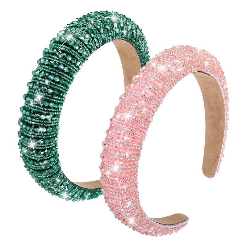 Wavyknot Witch Theme Party Favor 2 Pcs Pink and Green Bling Rhinestones Headband Crystal Diamond Beaded Hair Accessories Embellished Head Band Party Cosplay for Girls Women Valentines Wedding