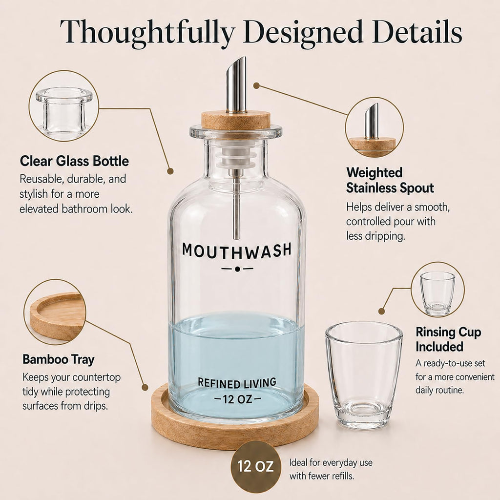 Mouthwash Dispenser for Bathroom, 12 OZ Refillable Glass Mouthwash Bottle with Cup and Bamboo Tray, Decorative Mouth Wash Dispenser Set for Bathroom
