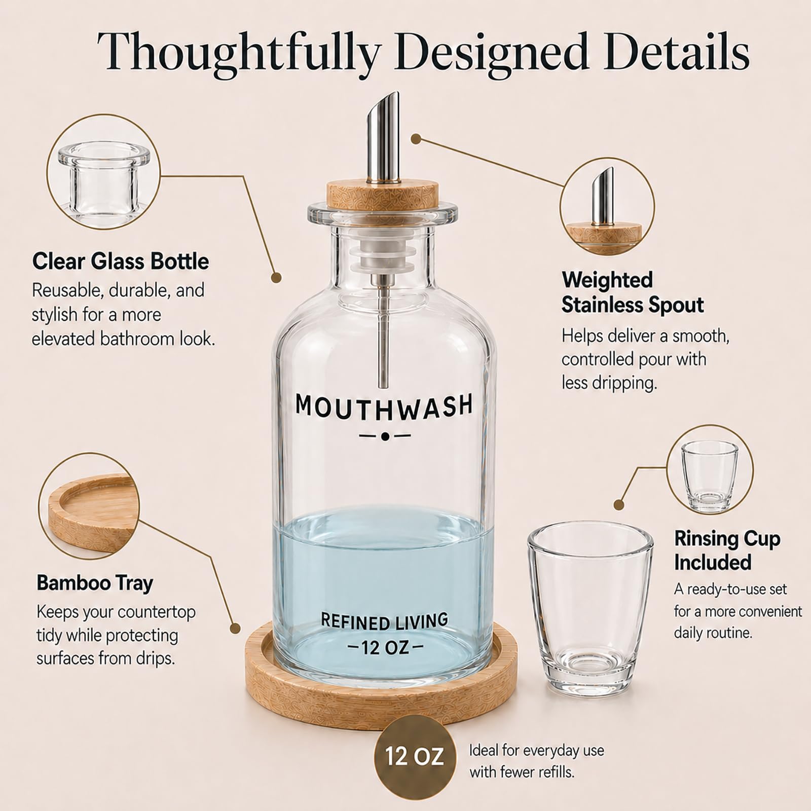 Mouthwash Dispenser for Bathroom, 12 OZ Refillable Glass Mouthwash Bottle with Cup and Bamboo Tray, Decorative Mouth Wash Dispenser Set for Bathroom