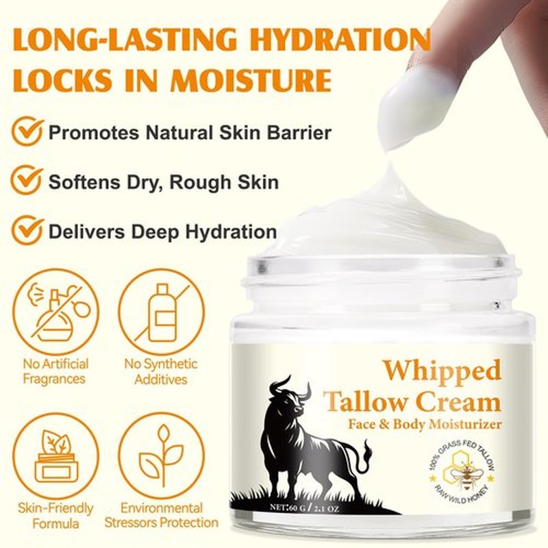 Beef Tallow Honey Lotion Cream, Natural Grass-Fed Beef Tallow Cream with Raw Honey, Provide All-Around Hydration and Moisturization & Multivitamin Rich Replenish Your Skin with Nutrients