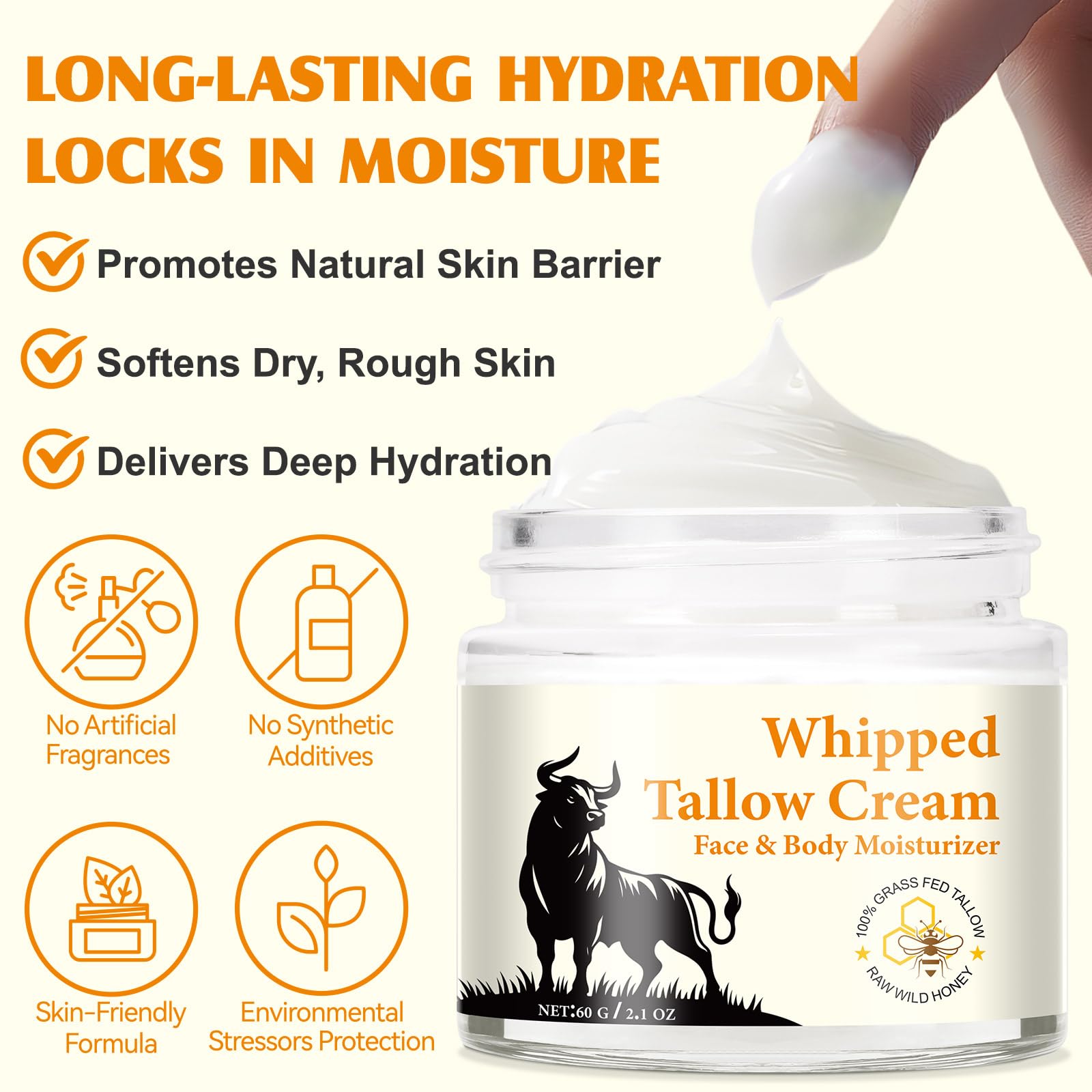 Beef Tallow for Skin 2.1 OZ - Suitable for Sensitive Skin, Grass Fed Tallow Deeply Nourishing for Face & Body. Whipped Tallow Cream and Honey Balm Face Moisturizer.